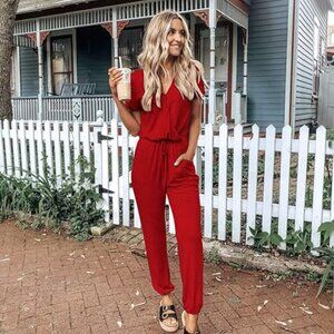 (L) PrettyGarden | Red Deep V Neck Wrap Drawstring Waist Jumpsuit